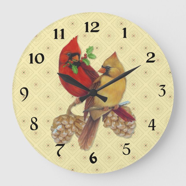 Winter Cardinals Pine and Holly Large Clock (Front)