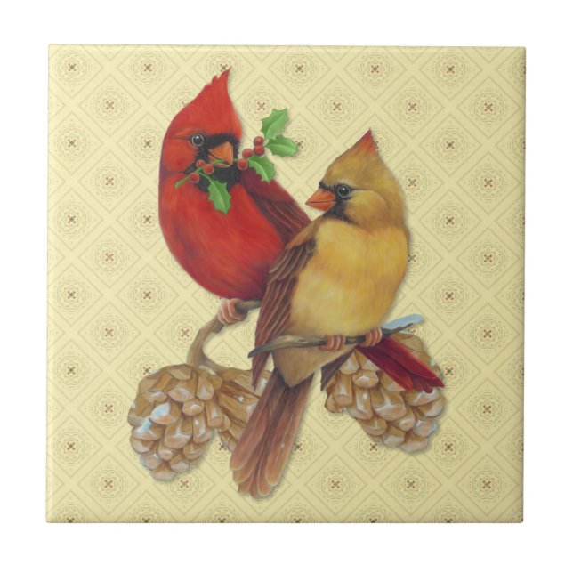 Winter Cardinals Pine and Holly Tile (Front)