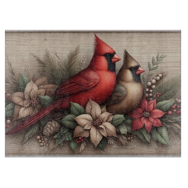 Winter Cardinals Rustic Cutting Board (Front)