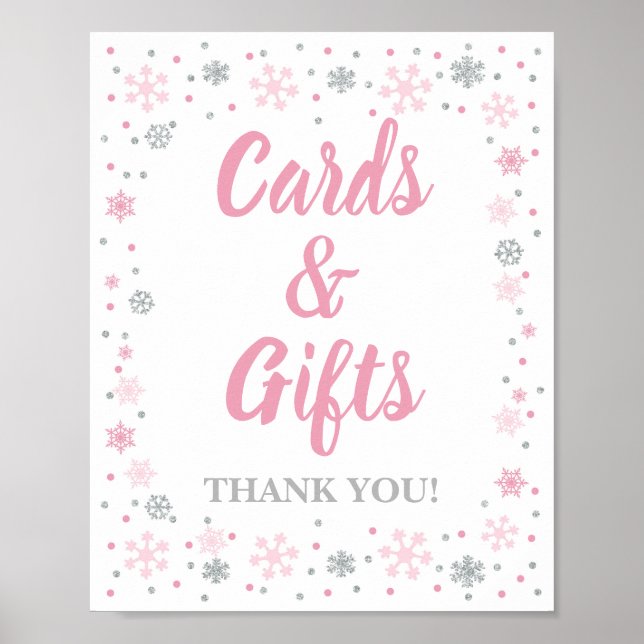 Winter Cards & Gifts Sign Pink & Silver Snowflakes (Front)