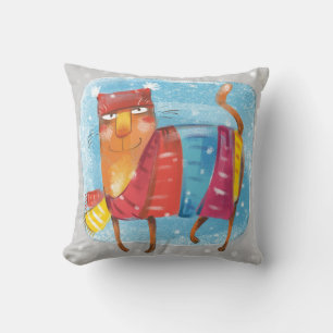 Winter cartoon cat, all wrapped up, in a snowstorm cushion