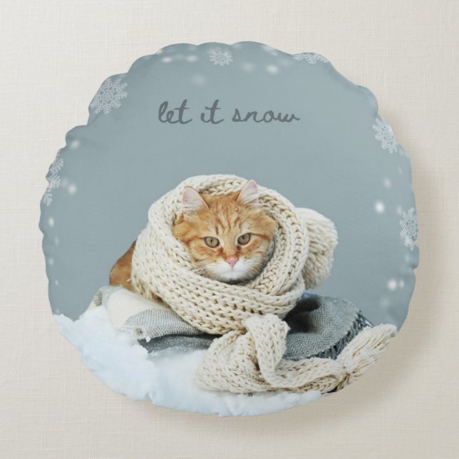 Winter Cat Let It Snow Round Throw Pillow (Front)
