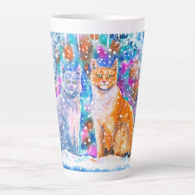 Winter Cats Watercolor Christmas Holiday Latte Mug (Front)
