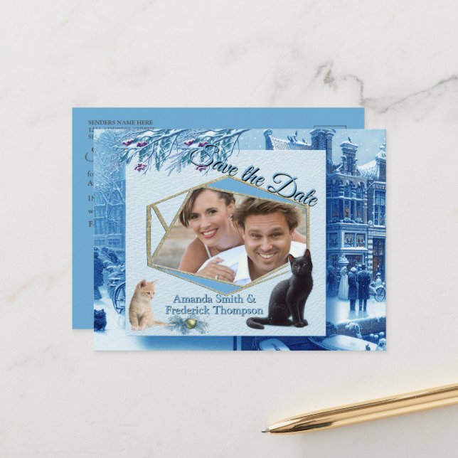 Winter Celebrations in the Snow, with Kittens Announcement Postcard (Front/Back In Situ)