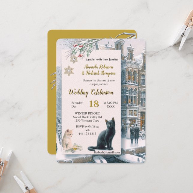 Winter Celebrations in the Snow, with Kittens Invitation (Front/Back In Situ)