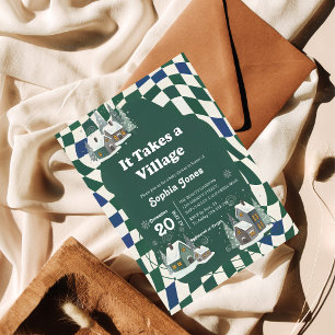 Winter Checkered "It Takes a Village" baby shower Invitation