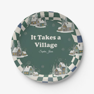 Winter Checkered "It Takes a Village" baby shower Paper Plate