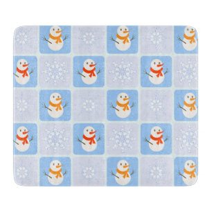 Winter checkered pattern snowman and snowflakes cutting board