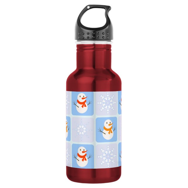 Winter chequered pattern snowman and snowflakes 532 ml water bottle (Front)