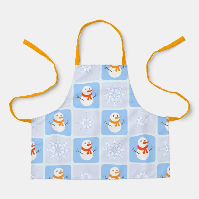 Winter chequered pattern snowman and snowflakes apron (Front)