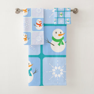 Winter chequered pattern snowman and snowflakes bath towel set