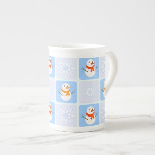 Winter chequered pattern snowman and snowflakes bone china mug
