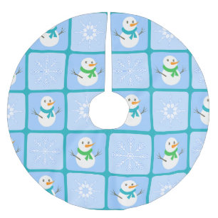 Winter chequered pattern snowman and snowflakes brushed polyester tree skirt