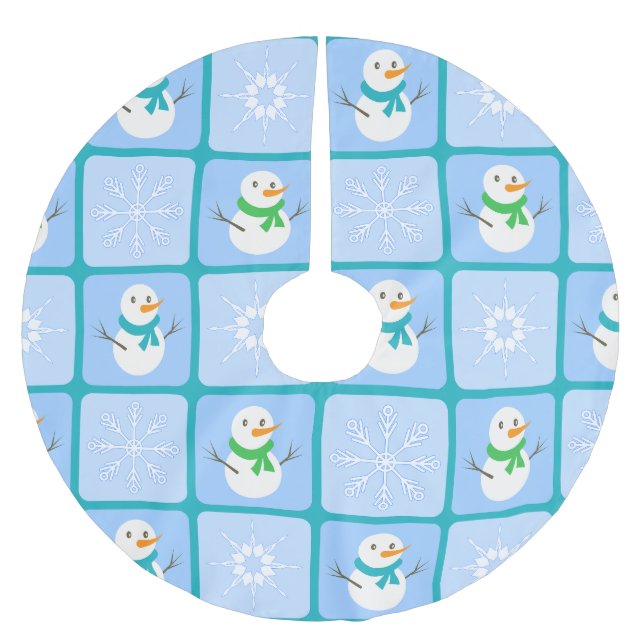 Winter chequered pattern snowman and snowflakes brushed polyester tree skirt (Front)