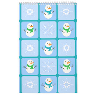 Winter chequered pattern snowman and snowflakes calendar