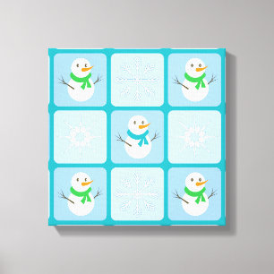 Winter chequered pattern snowman and snowflakes canvas print