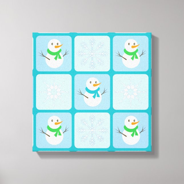 Winter chequered pattern snowman and snowflakes canvas print (Front)