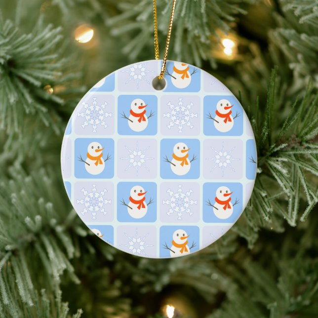 Winter chequered pattern snowman and snowflakes ceramic tree decoration (Tree)