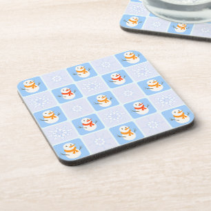 Winter chequered pattern snowman and snowflakes coaster