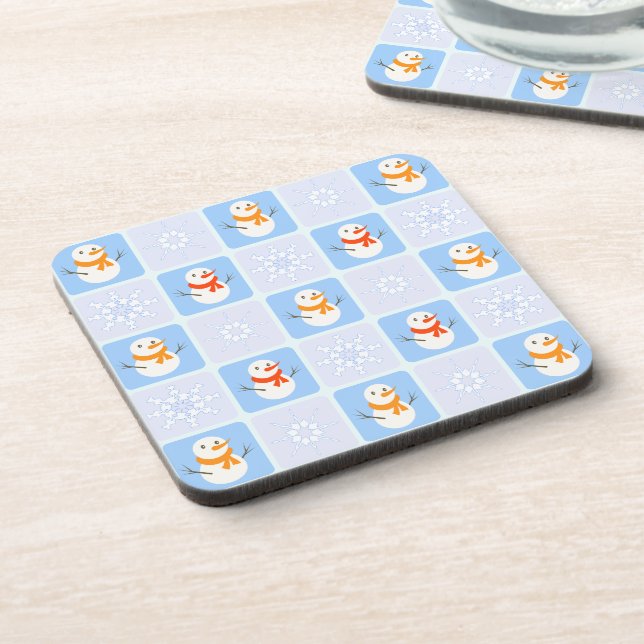 Winter chequered pattern snowman and snowflakes coaster (Left Side)