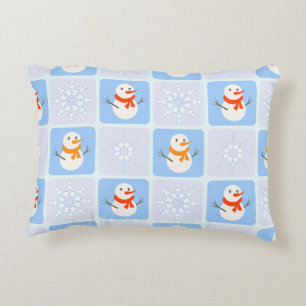 Winter chequered pattern snowman and snowflakes decorative cushion