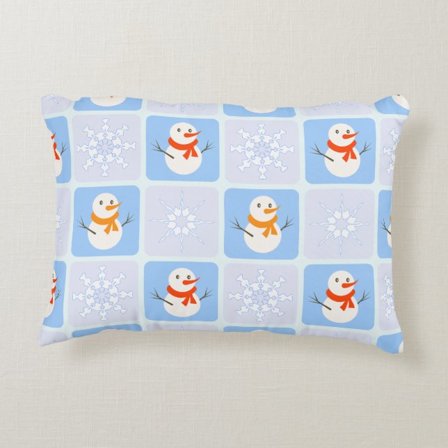 Winter chequered pattern snowman and snowflakes decorative cushion (Back)