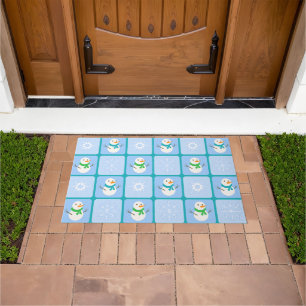 Winter chequered pattern snowman and snowflakes doormat