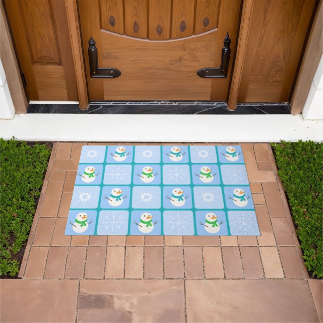 Winter chequered pattern snowman and snowflakes doormat (Outdoor)