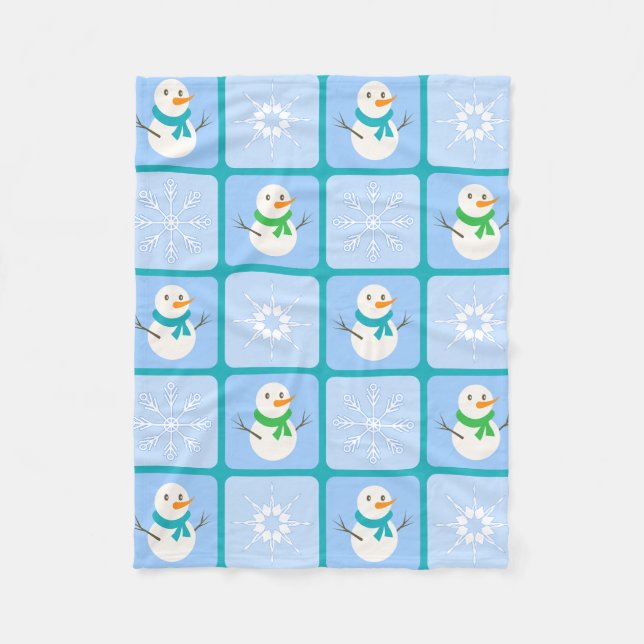 Winter chequered pattern snowman and snowflakes fleece blanket (Front)