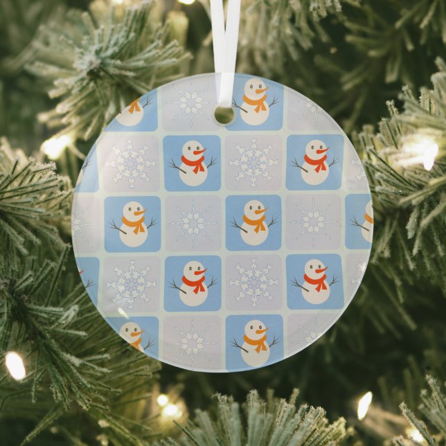 Winter chequered pattern snowman and snowflakes glass tree decoration (Insitu)