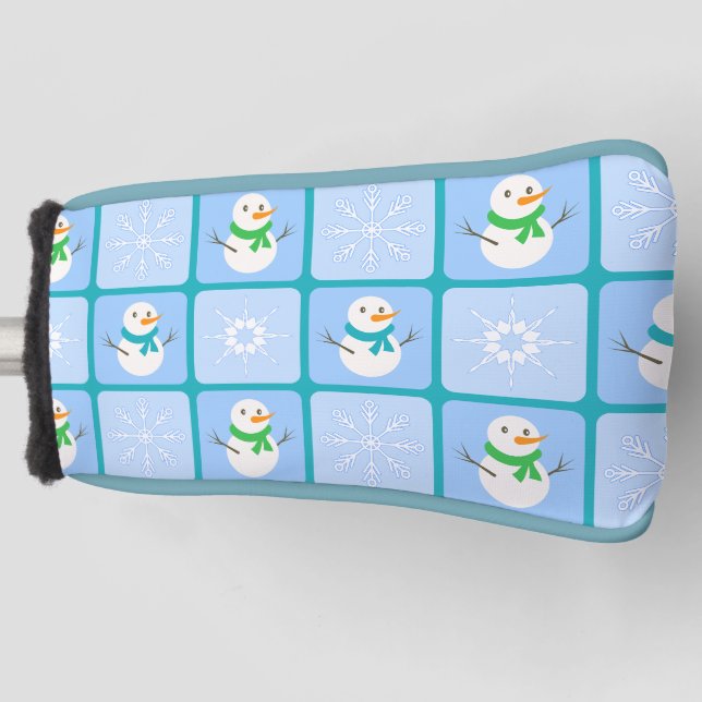 Winter chequered pattern snowman and snowflakes golf head cover (Front)