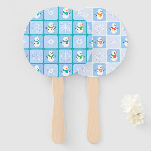 Winter chequered pattern snowman and snowflakes hand fan