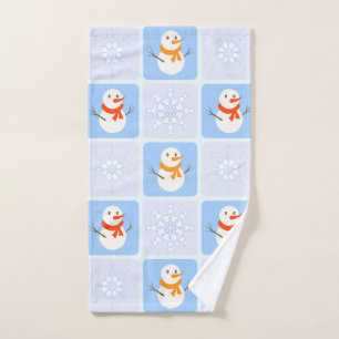 Winter chequered pattern snowman and snowflakes hand towel