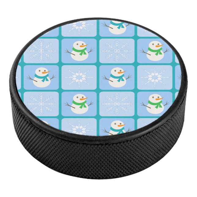 Winter chequered pattern snowman and snowflakes hockey puck (3/4)