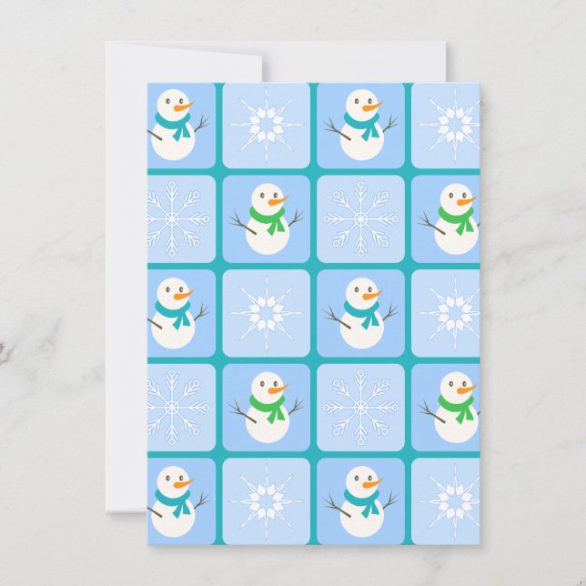 Winter chequered pattern snowman and snowflakes holiday card (Front)