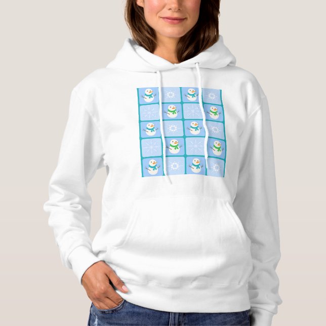 Winter chequered pattern snowman and snowflakes hoodie (Front)