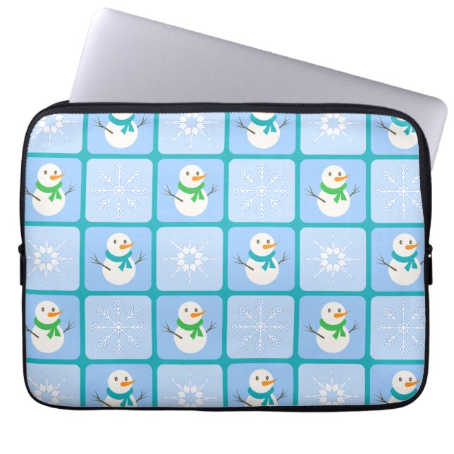 Winter chequered pattern snowman and snowflakes laptop sleeve (Front)