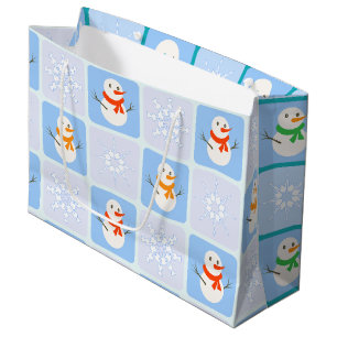 Winter chequered pattern snowman and snowflakes large gift bag