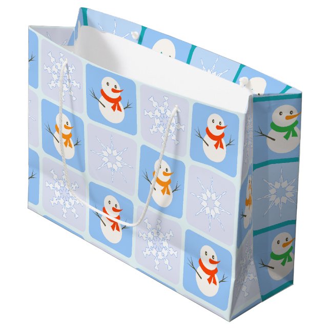 Winter chequered pattern snowman and snowflakes large gift bag (Front Angled)