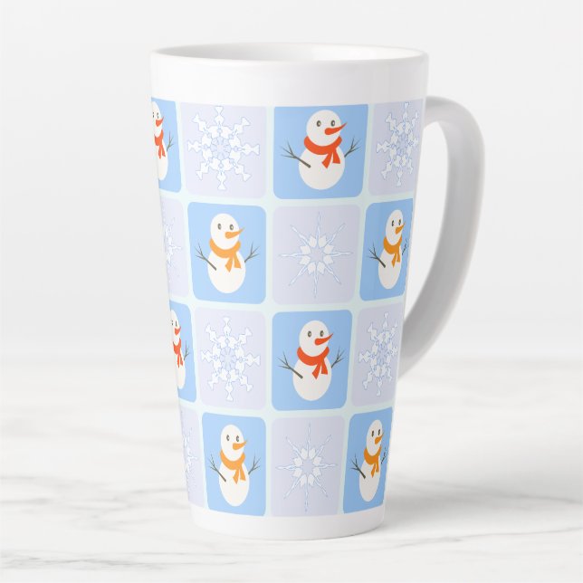 Winter chequered pattern snowman and snowflakes latte mug (Right Angle)