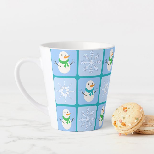 Winter chequered pattern snowman and snowflakes latte mug (In Situ)