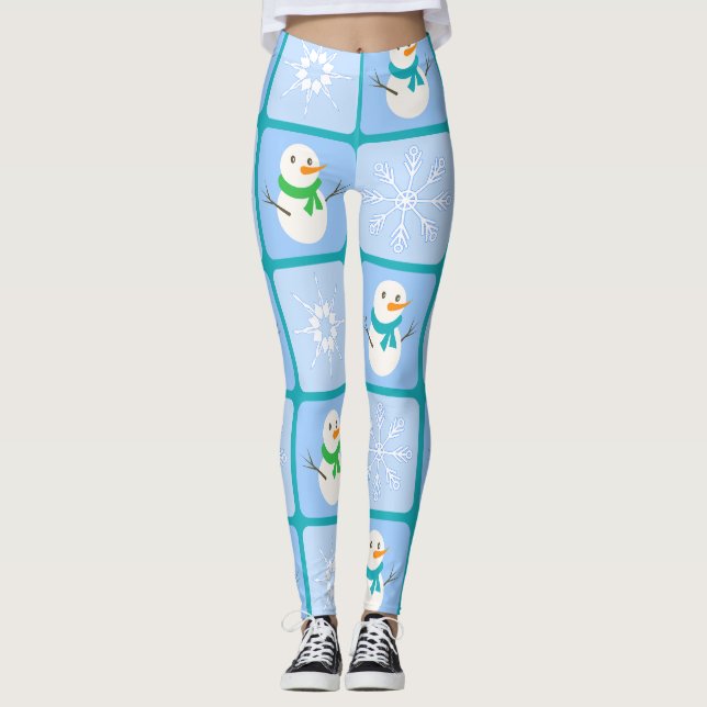 Winter chequered pattern snowman and snowflakes leggings (Front)