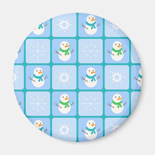 Winter chequered pattern snowman and snowflakes magnet (Front)