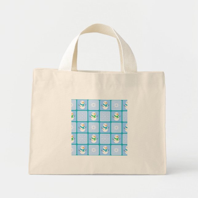 Winter chequered pattern snowman and snowflakes mini tote bag (Front)