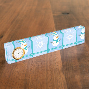 Winter chequered pattern snowman and snowflakes nameplate