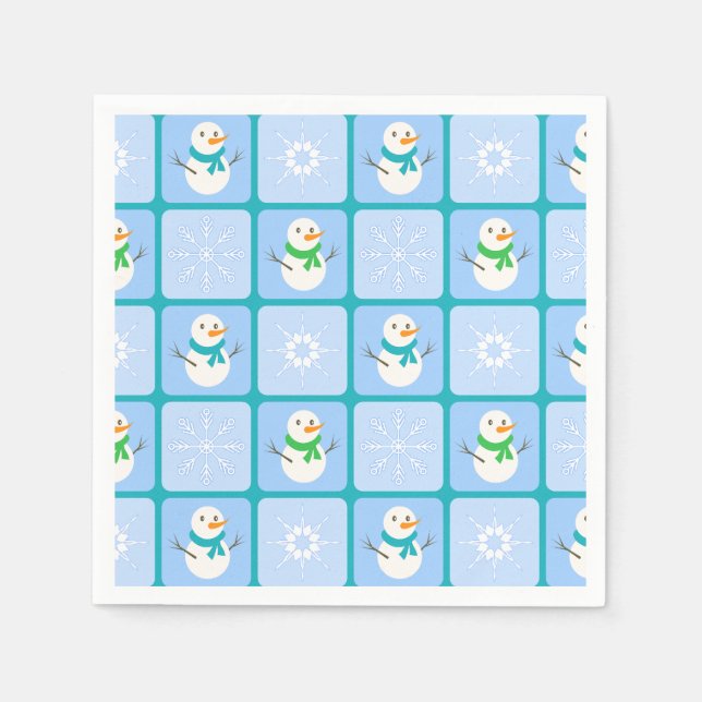 Winter chequered pattern snowman and snowflakes napkin (Front)