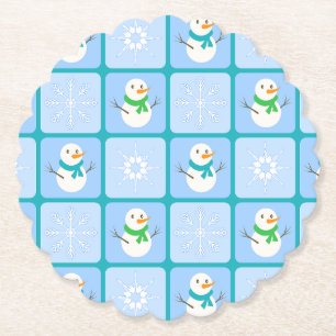 Winter chequered pattern snowman and snowflakes paper coaster