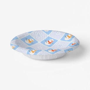 Winter chequered pattern snowman and snowflakes paper plate