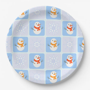 Winter chequered pattern snowman and snowflakes paper plate