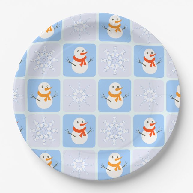 Winter chequered pattern snowman and snowflakes paper plate (Front)